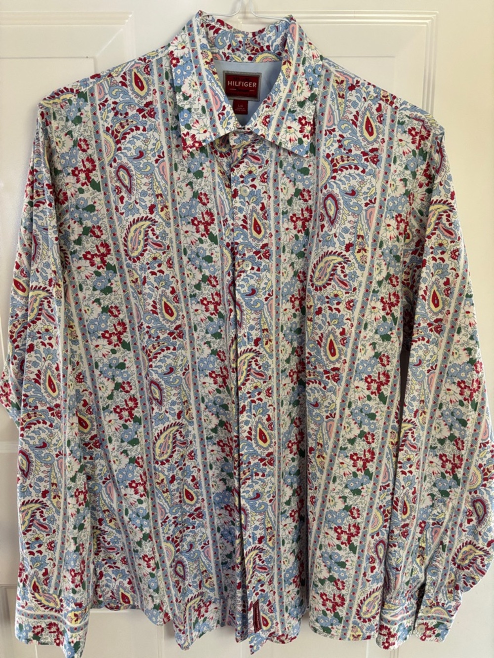 Tommy Hilfiger Men's Paisley Floral Button-Up Shirt in Light Blue and Red